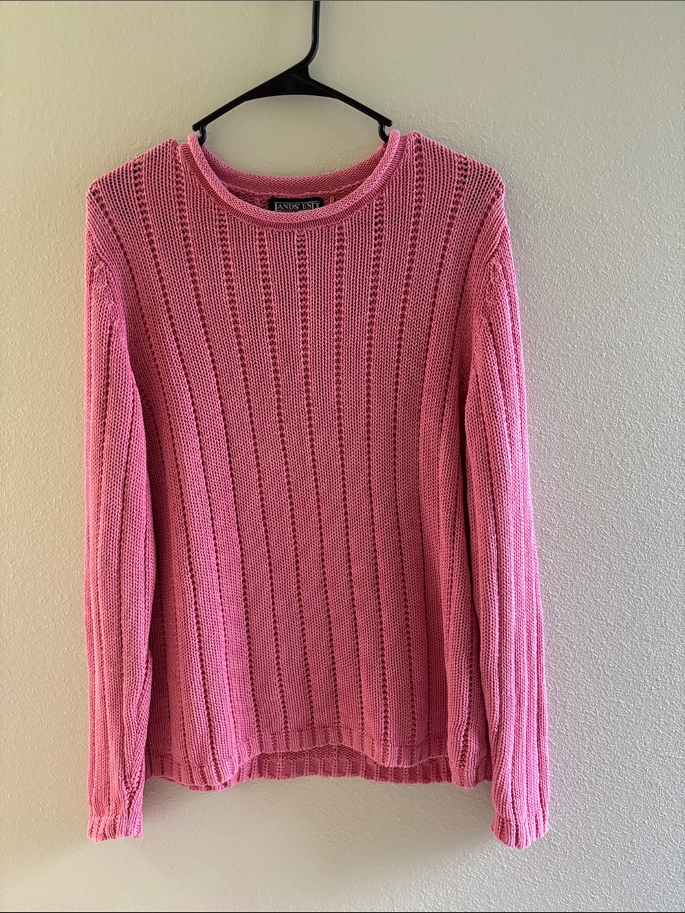 Lands' End Pink Open-Knit Crewneck Sweater